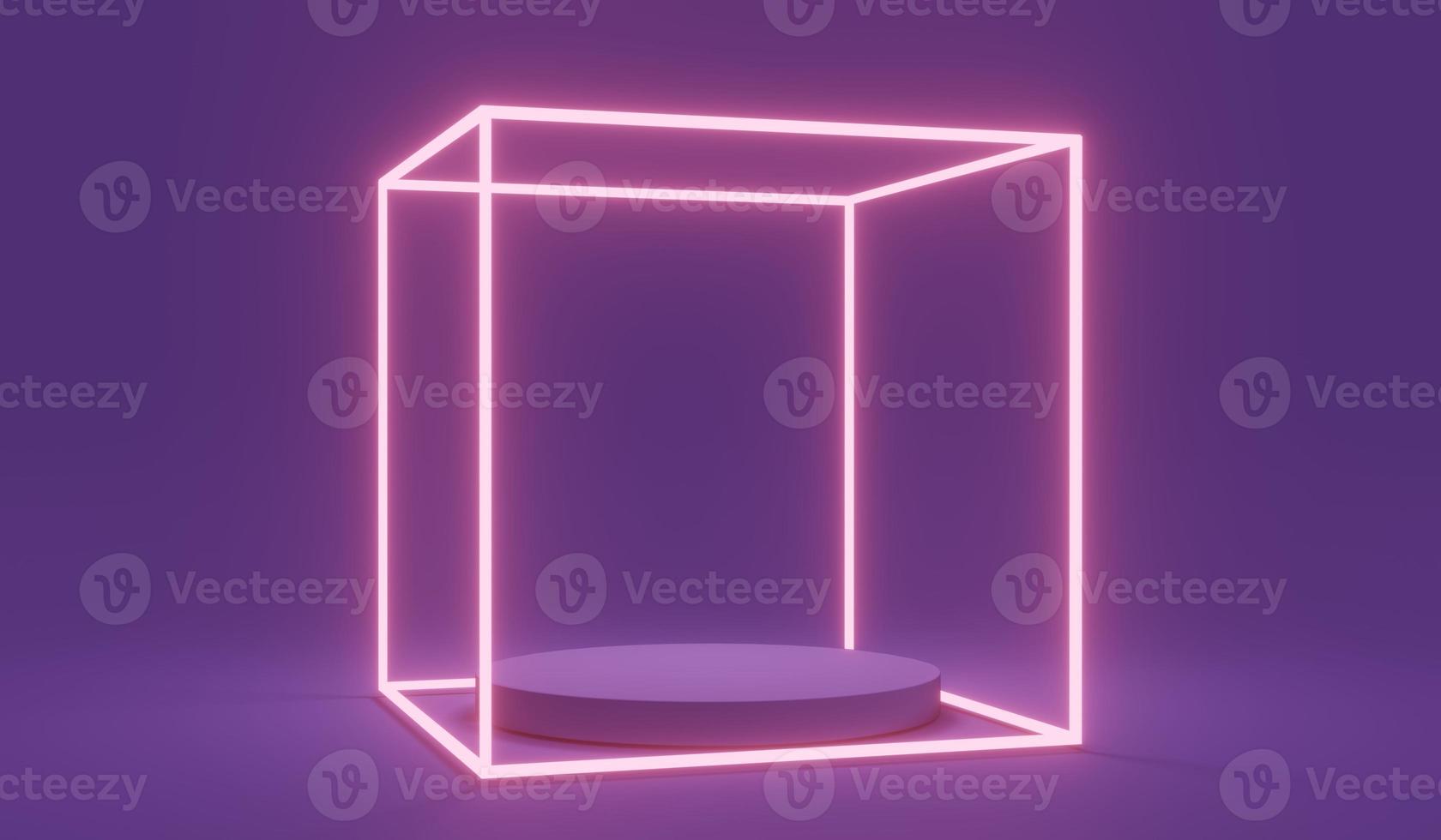 3D rendering concept of futuristic glowing led lines lights square with a blank podium in purple theme for commercial cosmetic luxury design. 3D Rendering. 3D illustration. Abstract light concept. photo