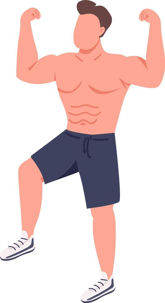Male bodybuilder showing triceps and biceps semi flat color vector character