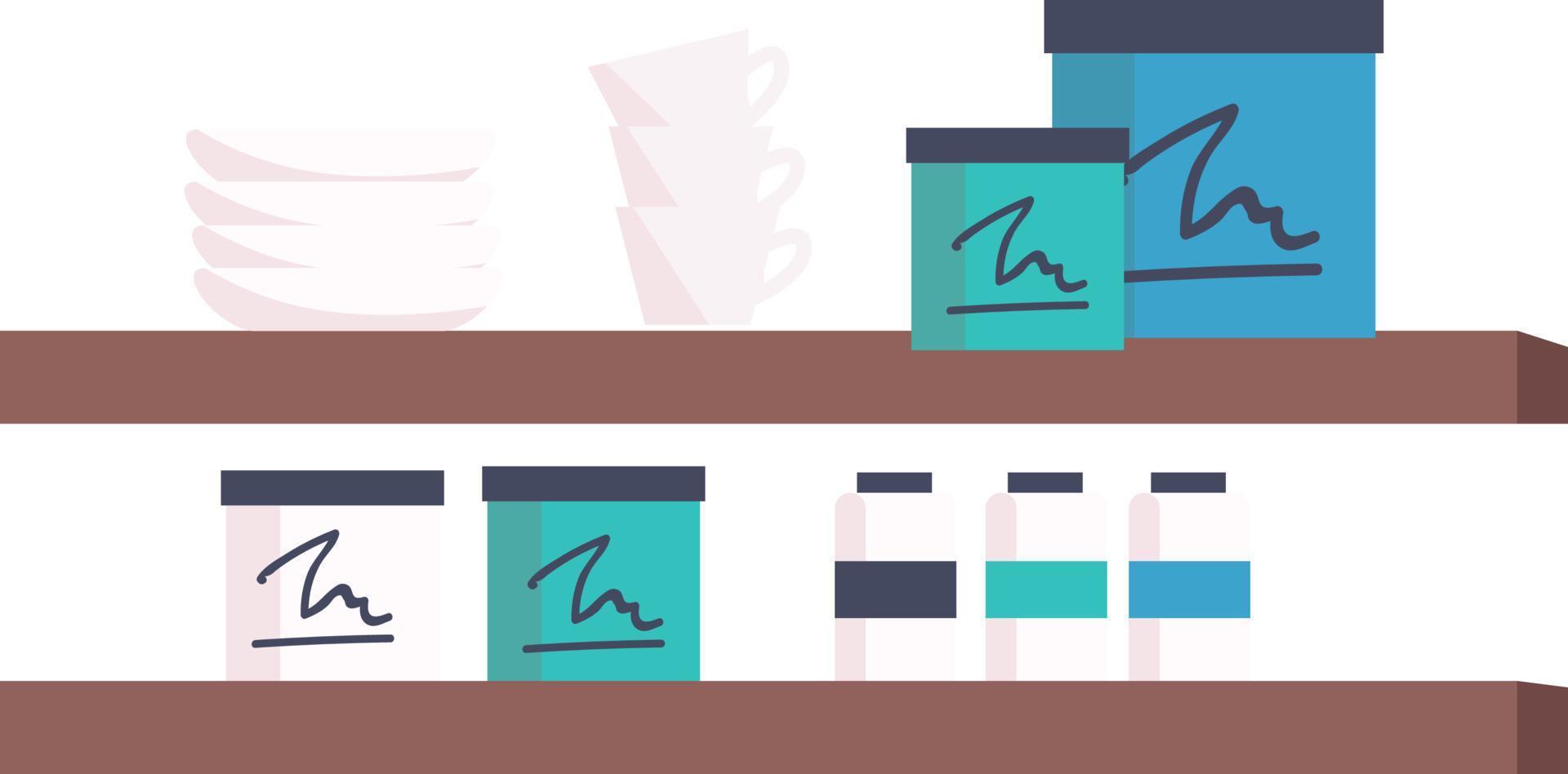 Shelves with protein powder containers and dinnerware semi flat color vector object