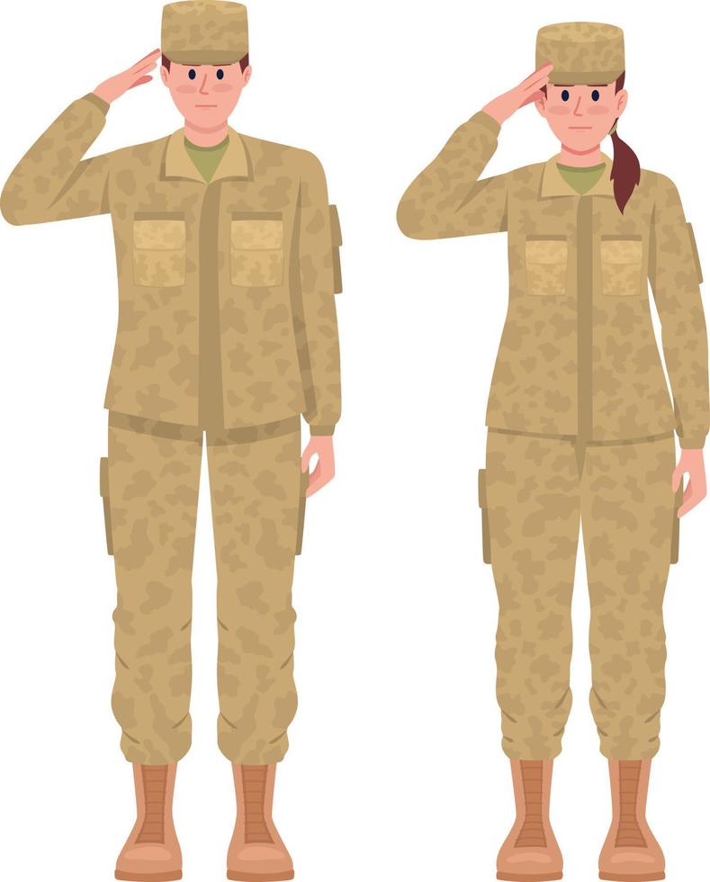 soldados masculinos y femeninos saludando a personajes vectoriales de color semiplano vector