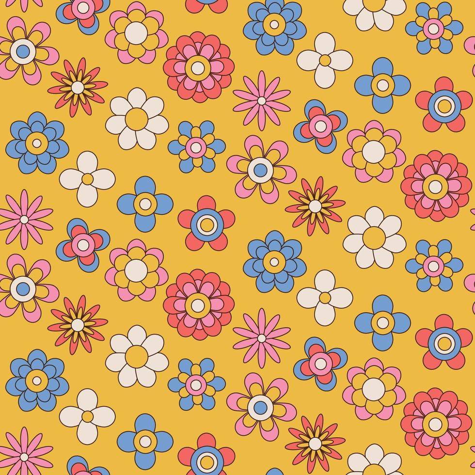 Seamless pattern with cute retro groovy flowers on yellow background. Vintage texture for kids textile, wrapping paper. Cartoon 70s-80s comic style background for children. Vector illustration.