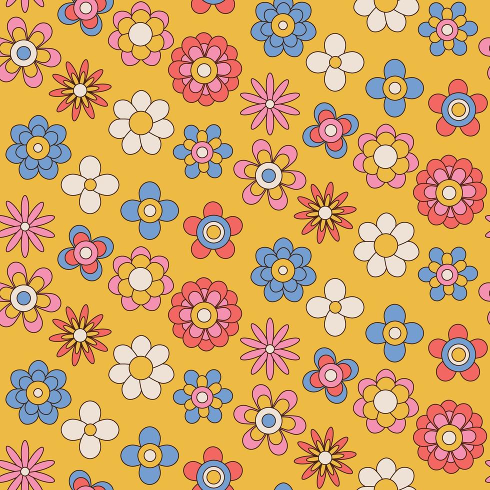 Seamless pattern with cute retro groovy flowers on yellow background ...