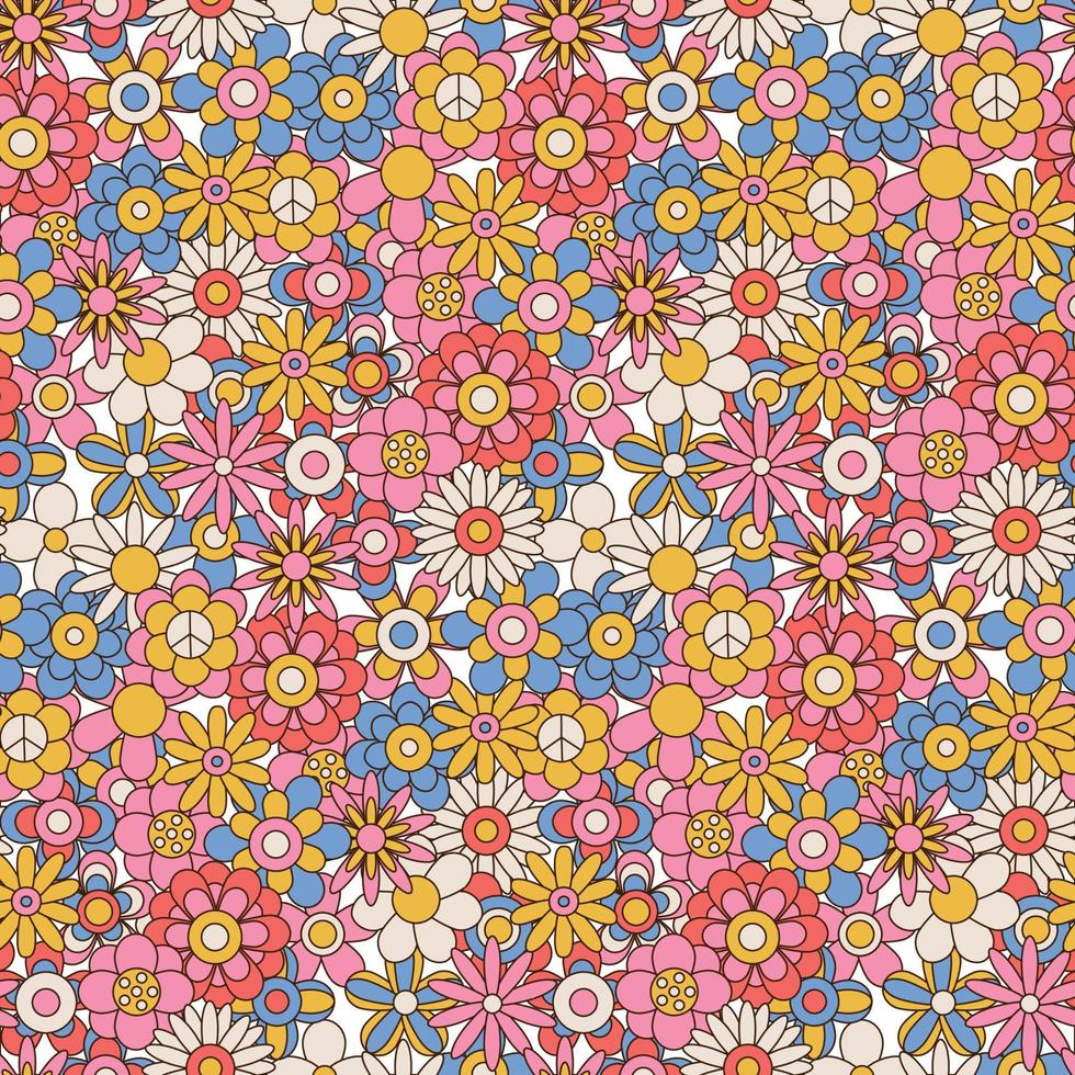 Flores vintage retro de los años 60 y 70 sin costuras. fondo floral con diferentes margaritas hippie. ilustración de vector de color de contorno.