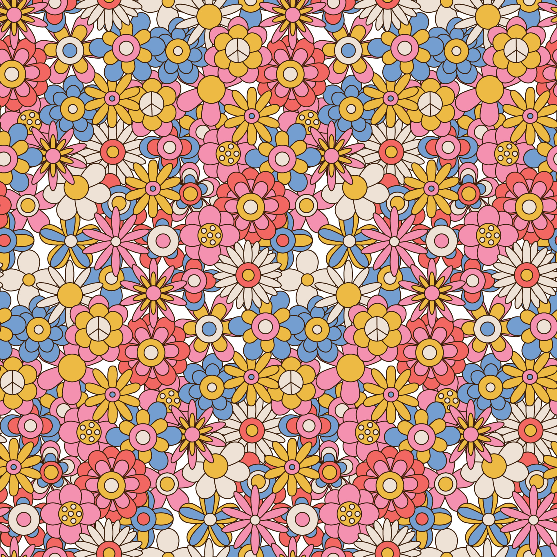 60s and 70s retro vintage flowers pattern. Floral background with different hippie daisies. Outline color vector illustration. 7511326 Vector Art at Vecteezy
