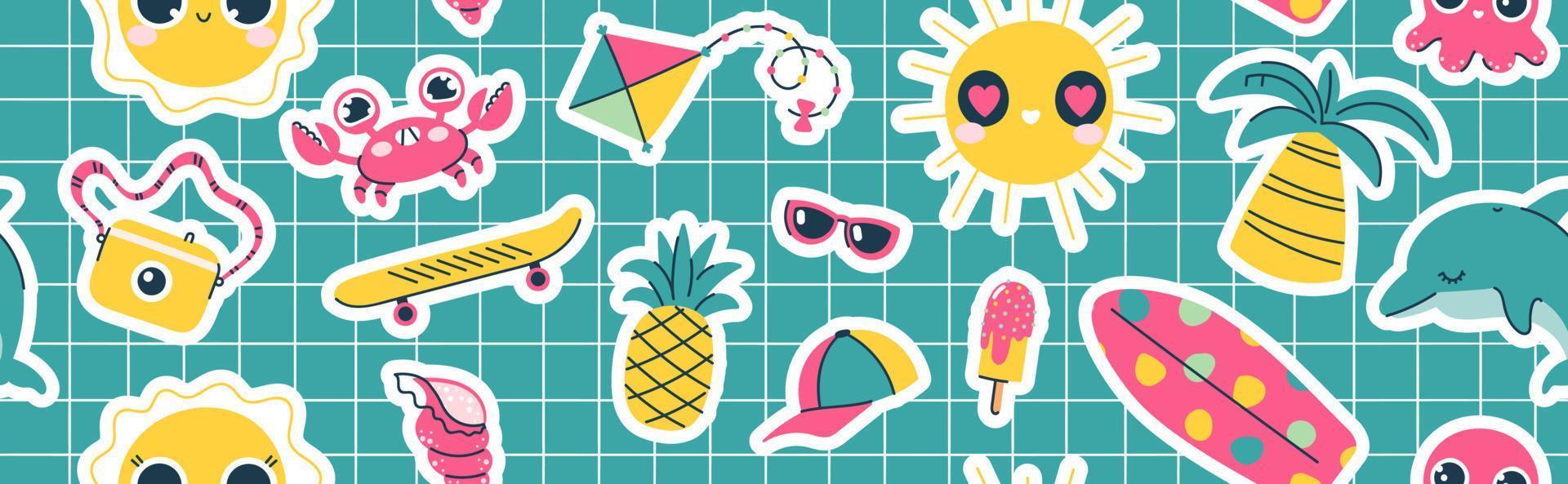 Seamless pattern with summer stickers. Horizontal banner for the concept of vacation, seasonal recreation, the sea. Cute crab, palm trees, pineapple on a checkered background vector