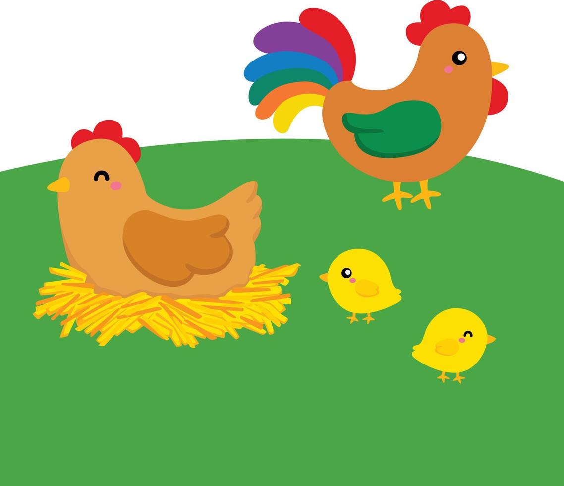 A family of chicken in a grass field vector