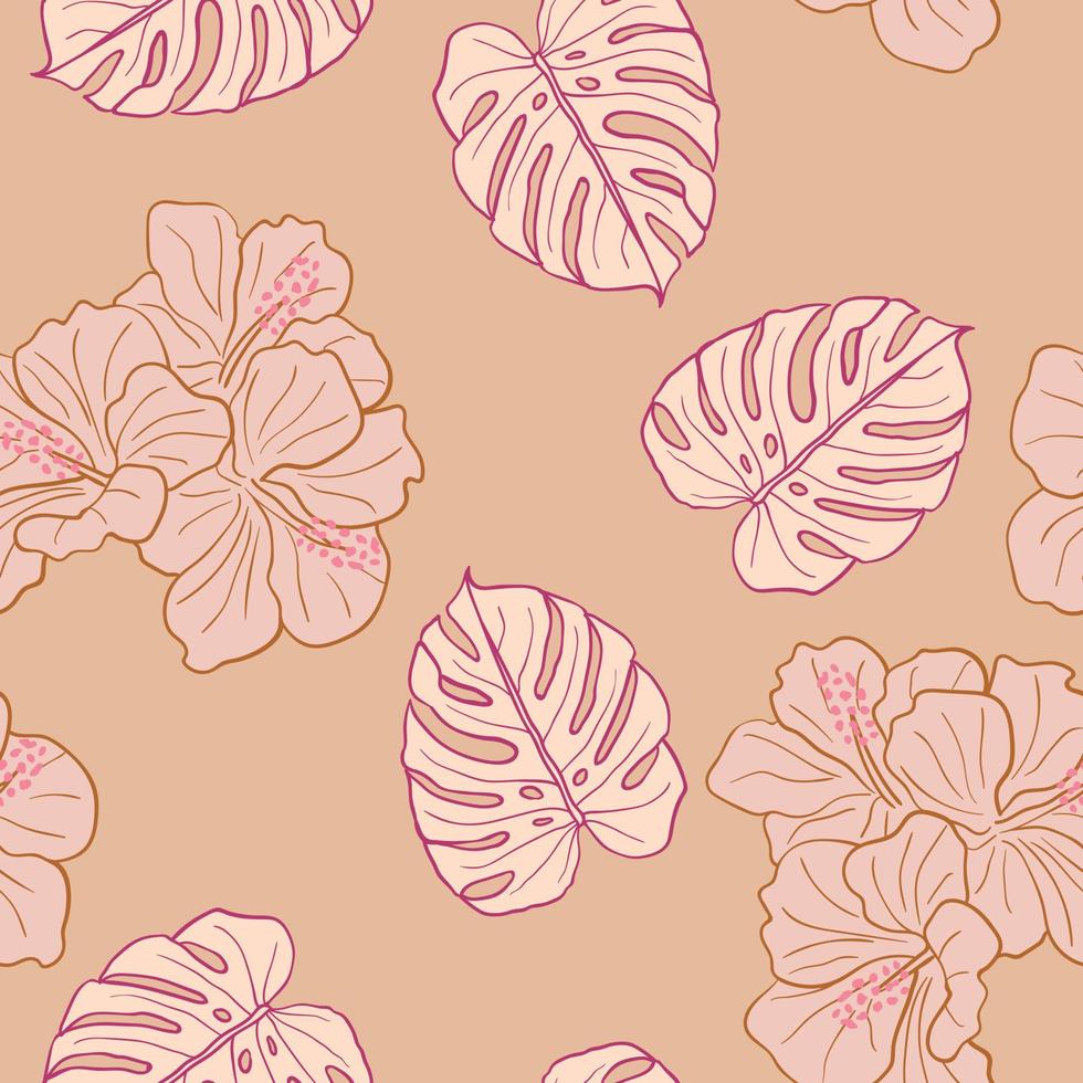 Hibiscus flowers and leaves seamless pattern background. Tropical nature wrapping paper or textile design. Beautiful print with hand-drawn exotic flower. vector