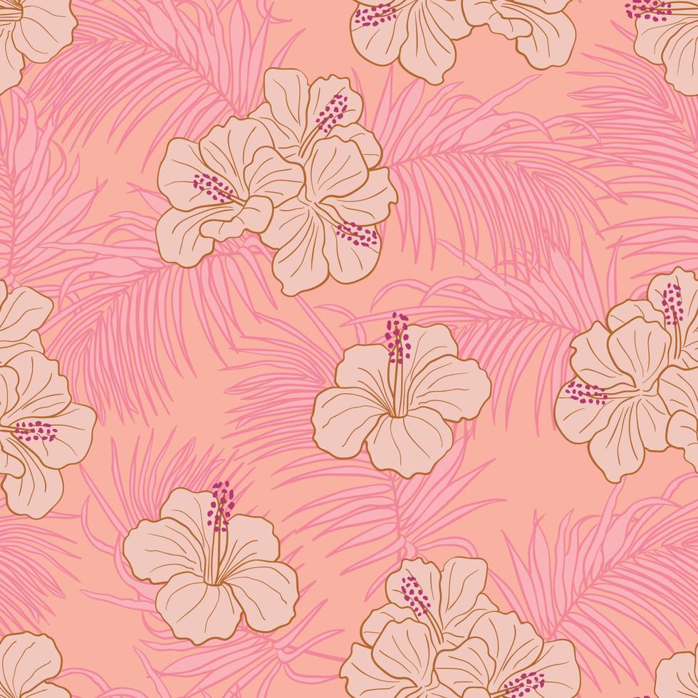 Hibiscus flowers and leaves seamless pattern background. Tropical nature wrapping paper or textile design. Beautiful print with hand-drawn exotic flower. vector