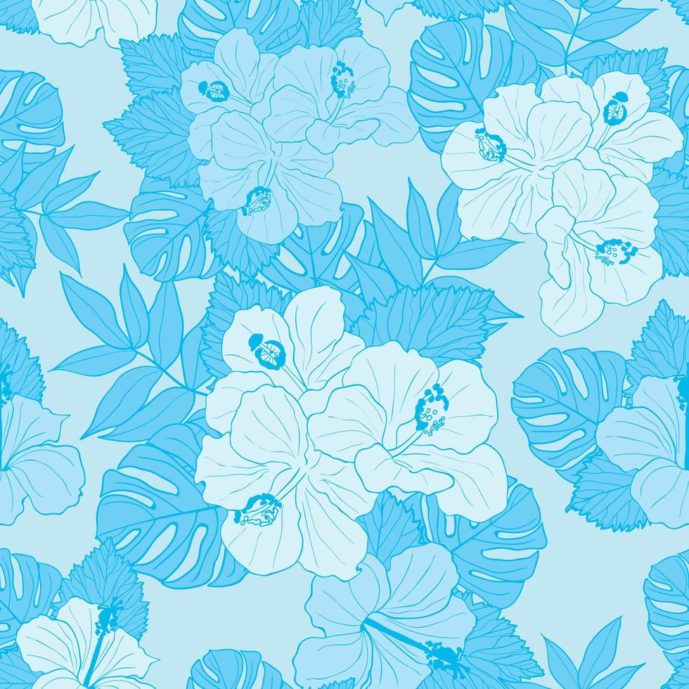 Hibiscus flowers and leaves seamless pattern background. Tropical nature wrapping paper or textile design. Beautiful print with hand-drawn exotic flower. vector