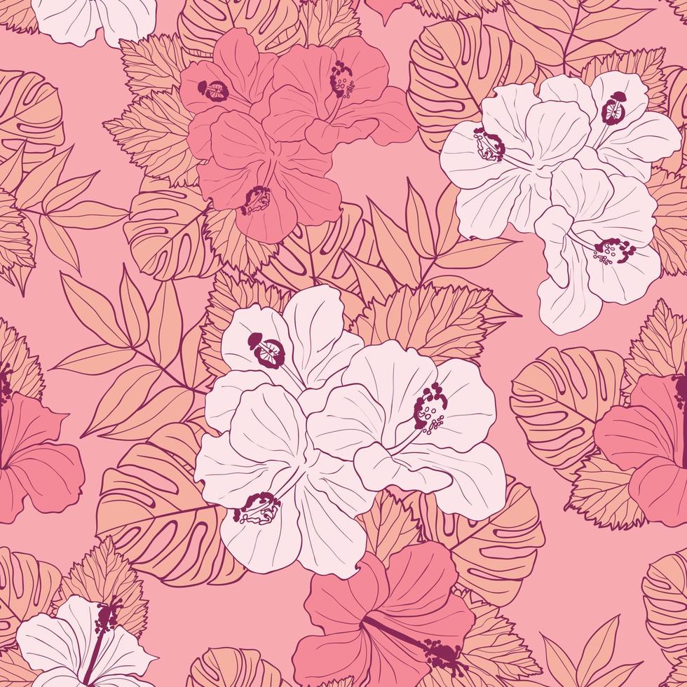 Hibiscus flowers and leaves seamless pattern background. Tropical nature wrapping paper or textile design. Beautiful print with hand-drawn exotic flower. vector