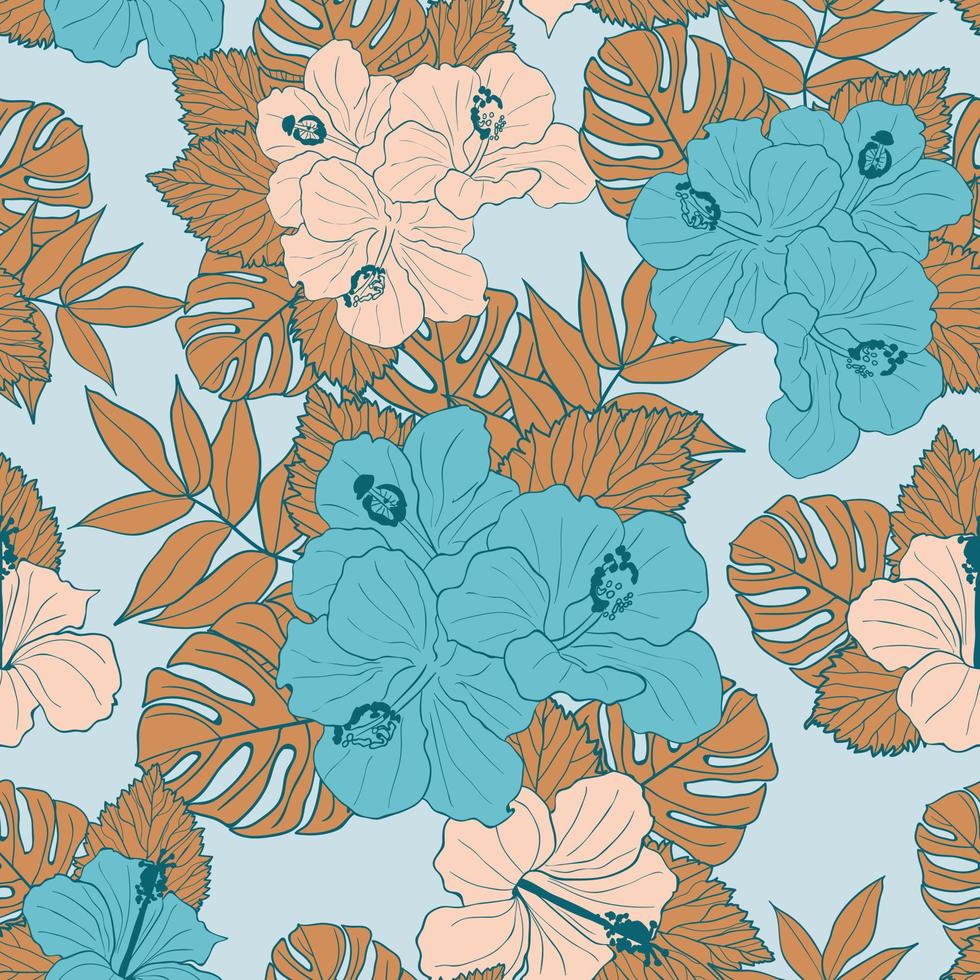 Hibiscus flowers and leaves seamless pattern background. Tropical nature wrapping paper or textile design. Beautiful print with hand-drawn exotic flower. vector