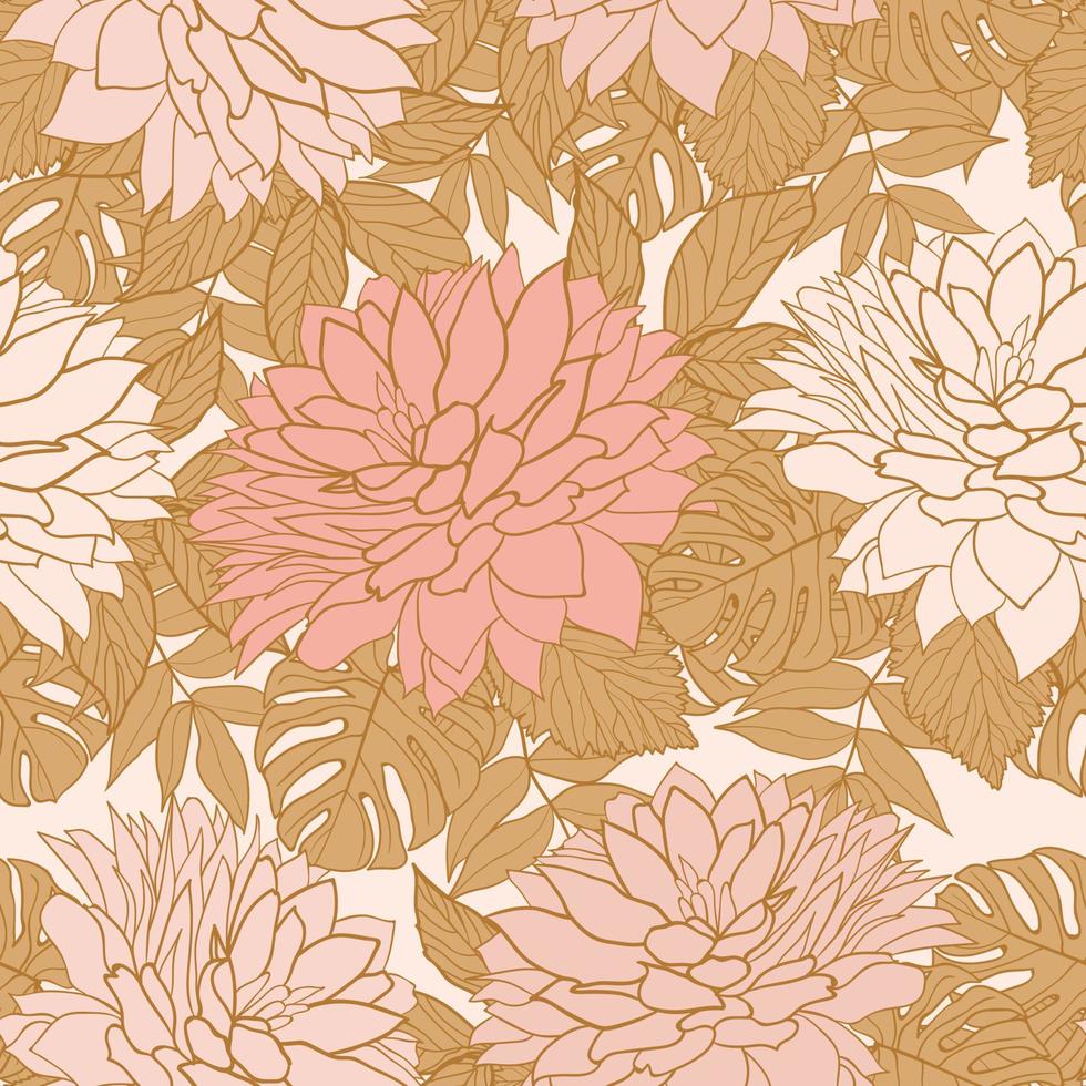 Marigold flowers and leaves seamless pattern background. Tropical peony wrapping paper or textile design. Beautiful print with hand-drawn exotic plants. vector