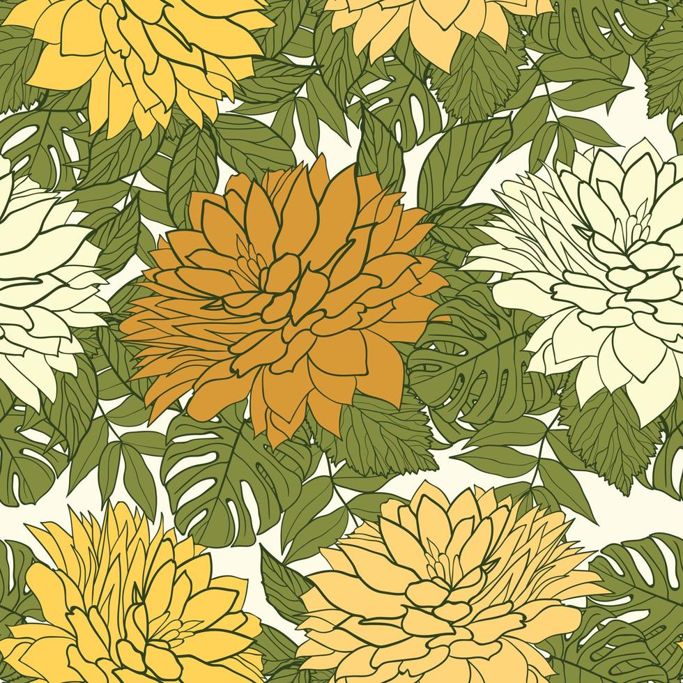 Marigold flowers and leaves seamless pattern background. Tropical peony wrapping paper or textile design. Beautiful print with hand-drawn exotic plants. vector