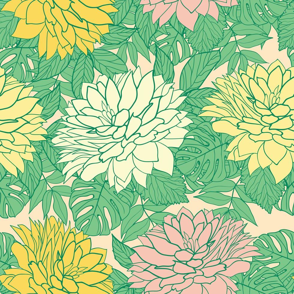 Marigold flowers and leaves seamless pattern background. Tropical peony