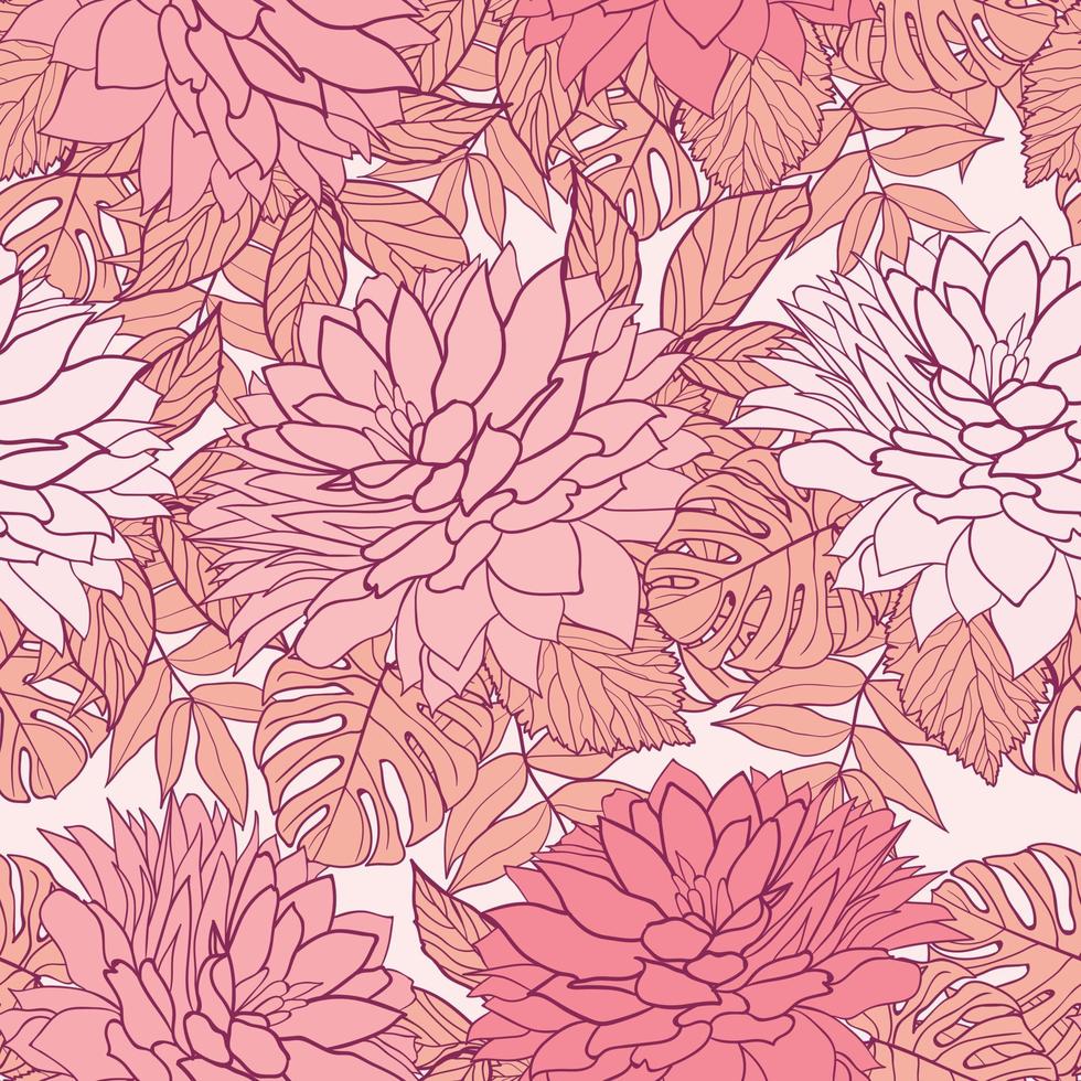 Marigold flowers and leaves seamless pattern background. Tropical peony wrapping paper or textile design. Beautiful print with hand-drawn exotic plants. vector