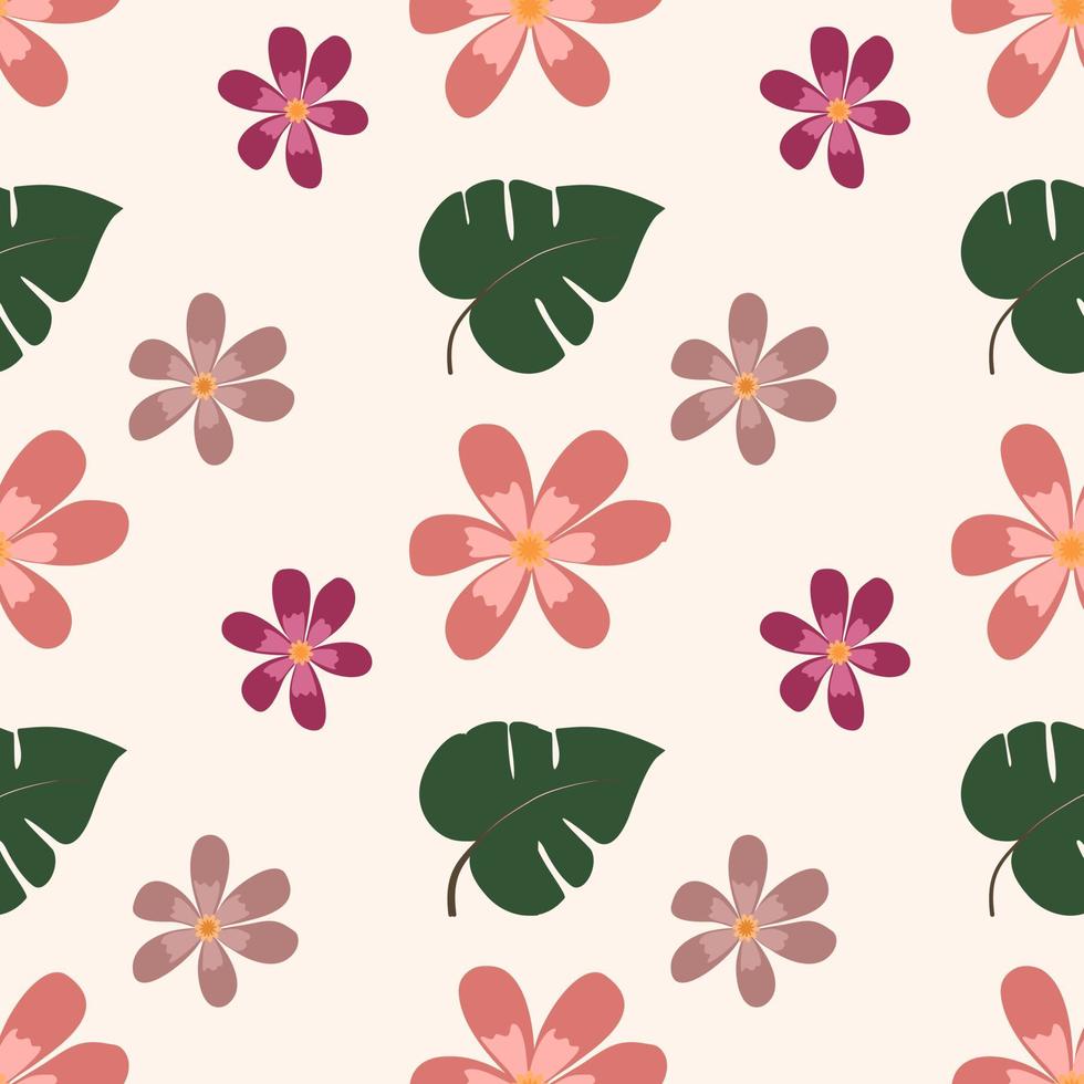 Seamless pattern of colorful flowers and green leave on beige background vector