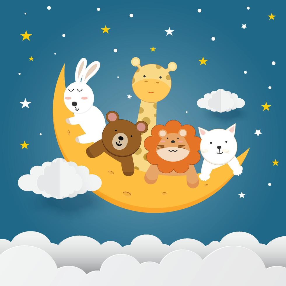 Cute animals on the moon with stars, clouds and night sky background, Vector illustration