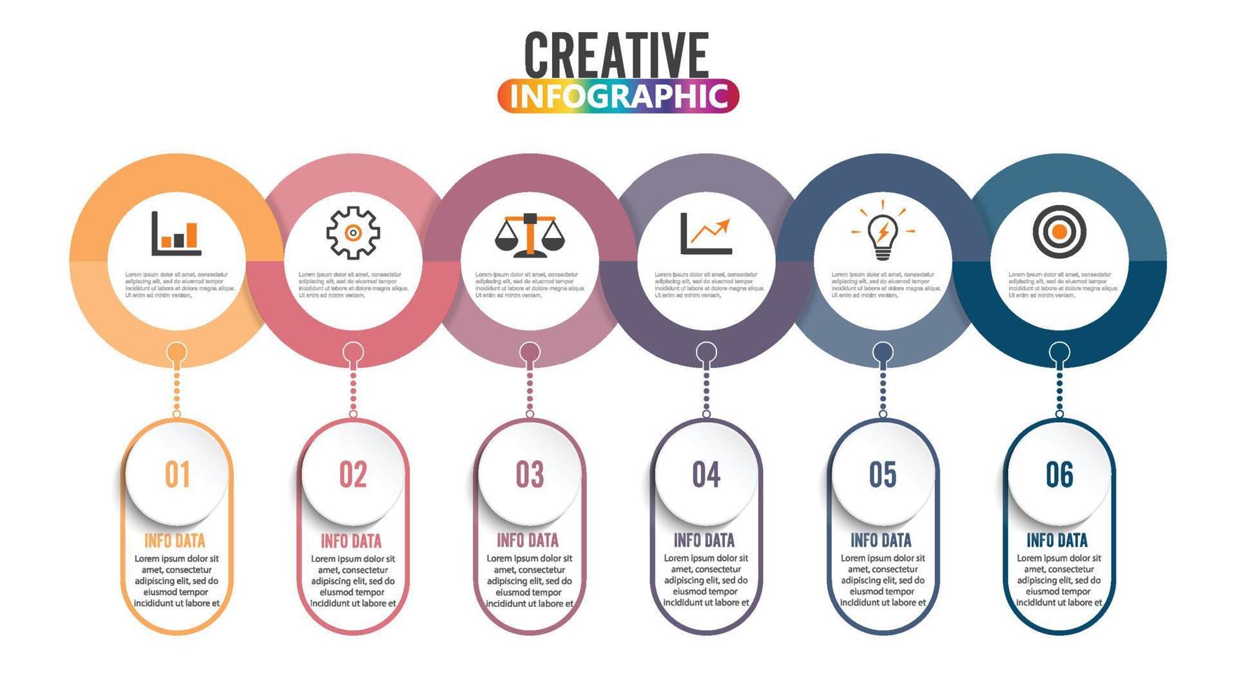 la línea de tiempo de plantilla infográfica de color horizontal numerada para seis posiciones se puede utilizar para flujo de trabajo, banner, diagrama, diseño web, gráfico de área vector