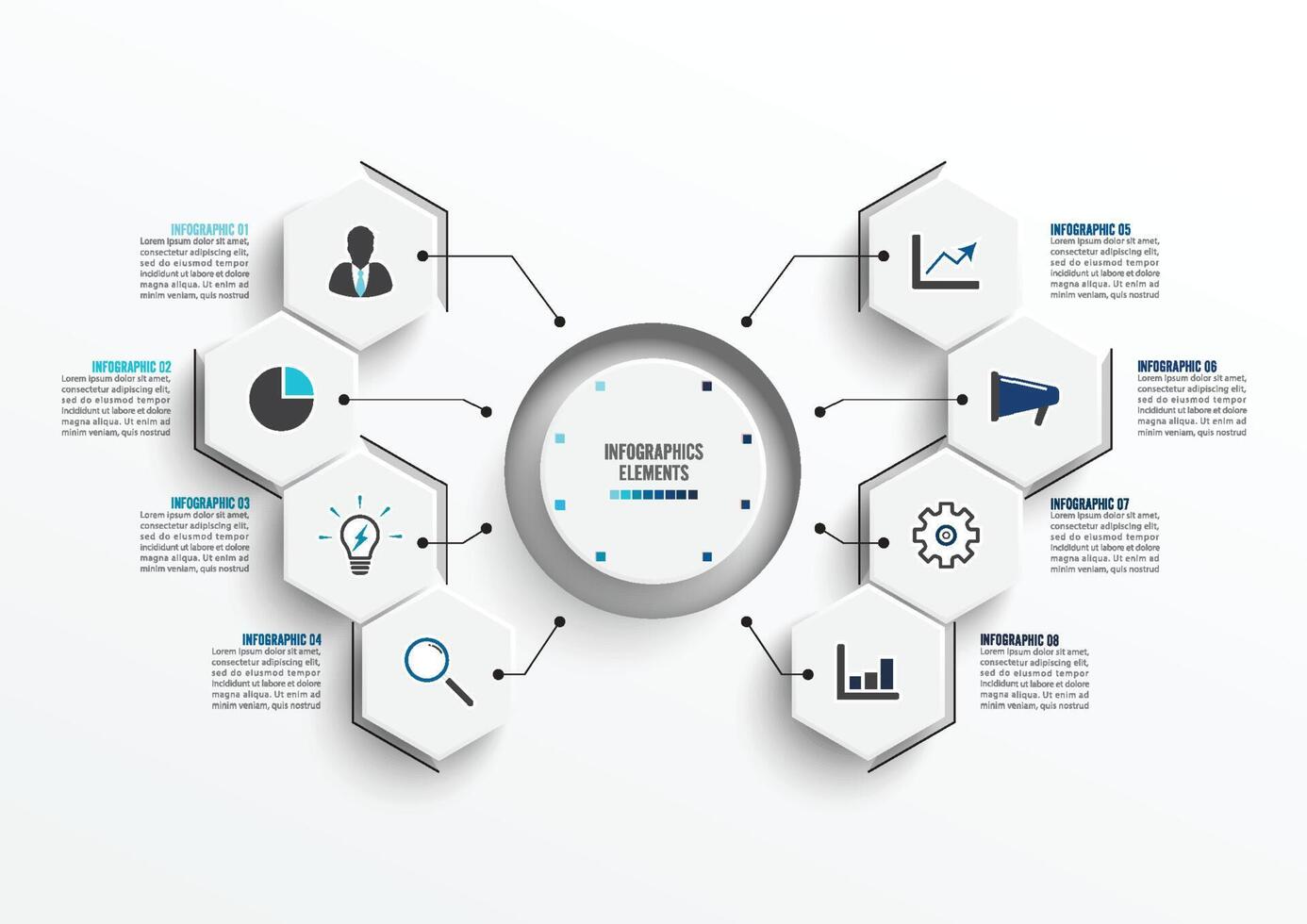 plantilla de infografía vectorial con etiqueta de papel 3d, círculos integrados. concepto de negocio con 8 opciones. para contenido, diagrama, diagrama de flujo, pasos, partes, infografías de línea de tiempo, flujo de trabajo, gráfico. vector