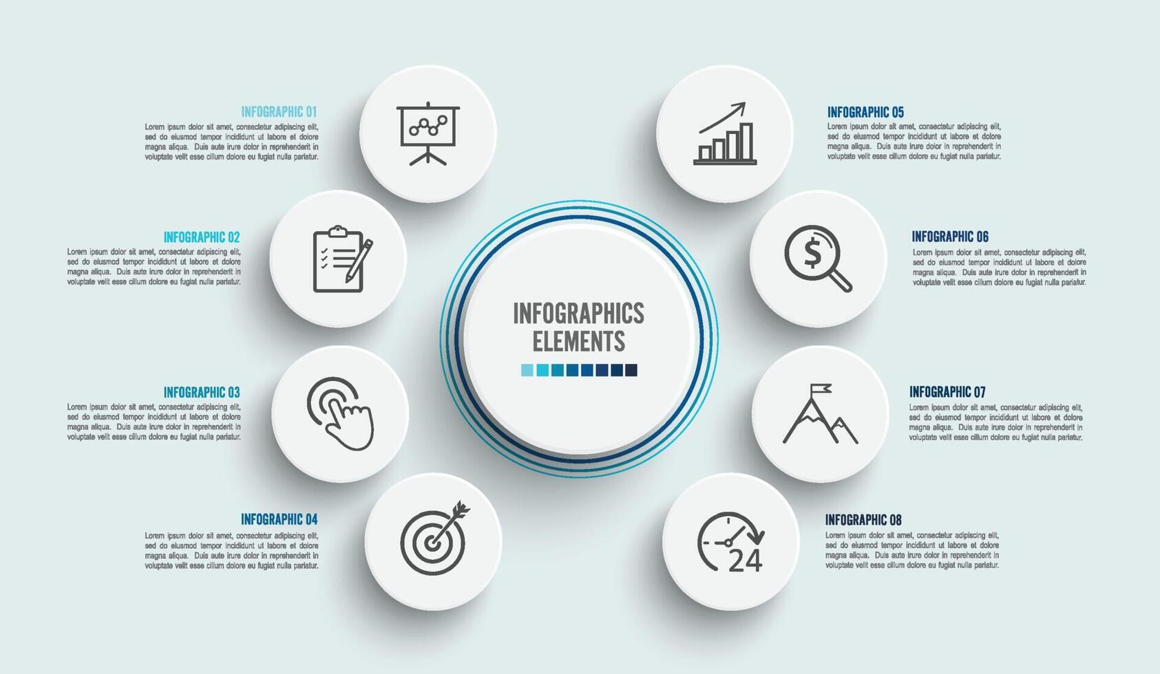 plantilla de infografía vectorial con etiqueta de papel 3d, círculos integrados. concepto de negocio con 8 opciones. para contenido, diagrama, diagrama de flujo, pasos, partes, infografías de línea de tiempo, flujo de trabajo, gráfico. vector