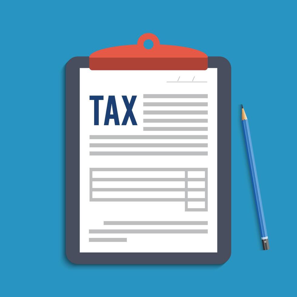 Tax form. Clipboard with tax form and pencil. Modern flat design. Top view. Vector illustration