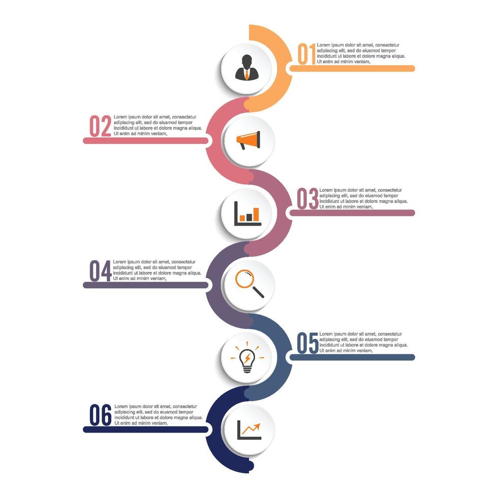 la línea de tiempo de plantilla infográfica de color horizontal numerada para seis posiciones se puede utilizar para flujo de trabajo, banner, diagrama, diseño web, gráfico de área vector