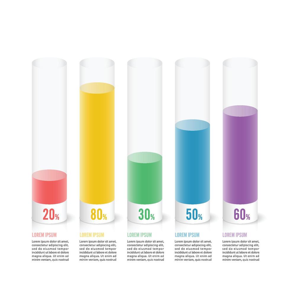 Infographic icons with 5 parts of columns in percent of growth. Business concept for charts, reports and statistics. vector