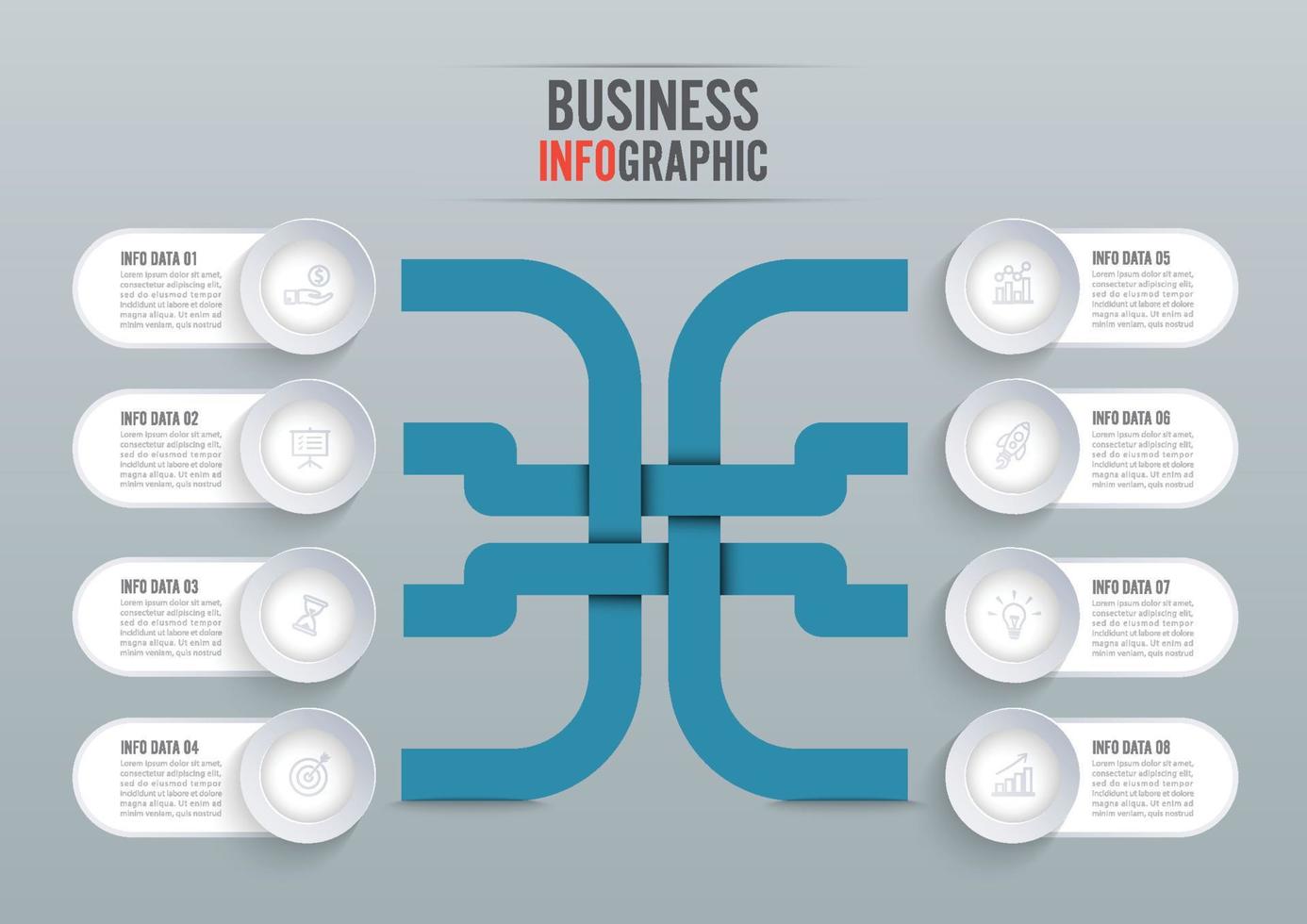 El vector de diseño de infografías y los iconos de marketing se pueden utilizar para el diseño de flujo de trabajo, diagrama, informe anual, diseño web. concepto de negocio con 8 opciones, pasos o procesos.