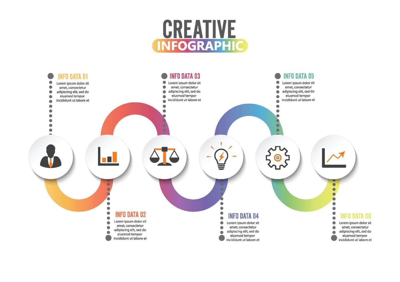 plantilla de diseño infográfico e iconos de marketing. plantilla para diagrama, gráfico, presentación y gráfico redondo. concepto de negocio con 6 opciones, partes, pasos o procesos. Visualización de datos. vector