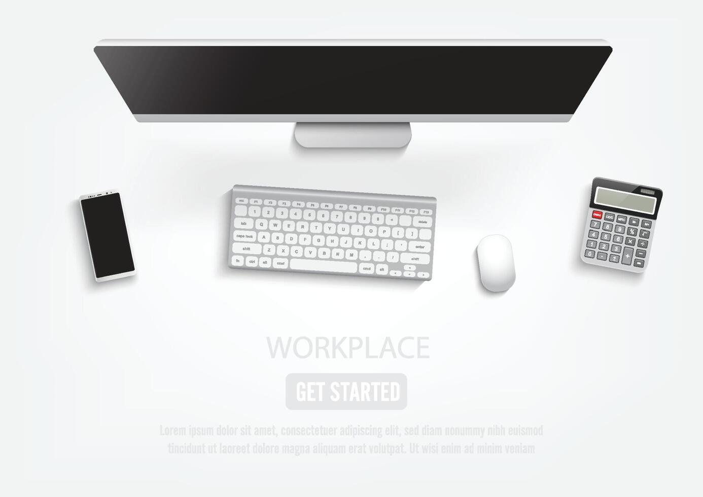 Realistic workplace desktop. Top view desk table, personal computer with keyboard, smartphone, stickers, glasses, open note. illustrator vector. vector