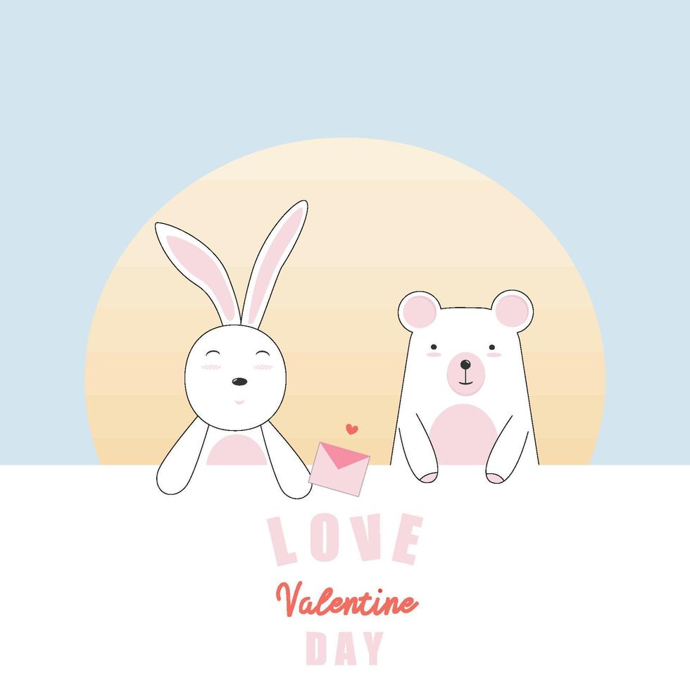 Valentine's Day card with bunny and bear in love. vector card