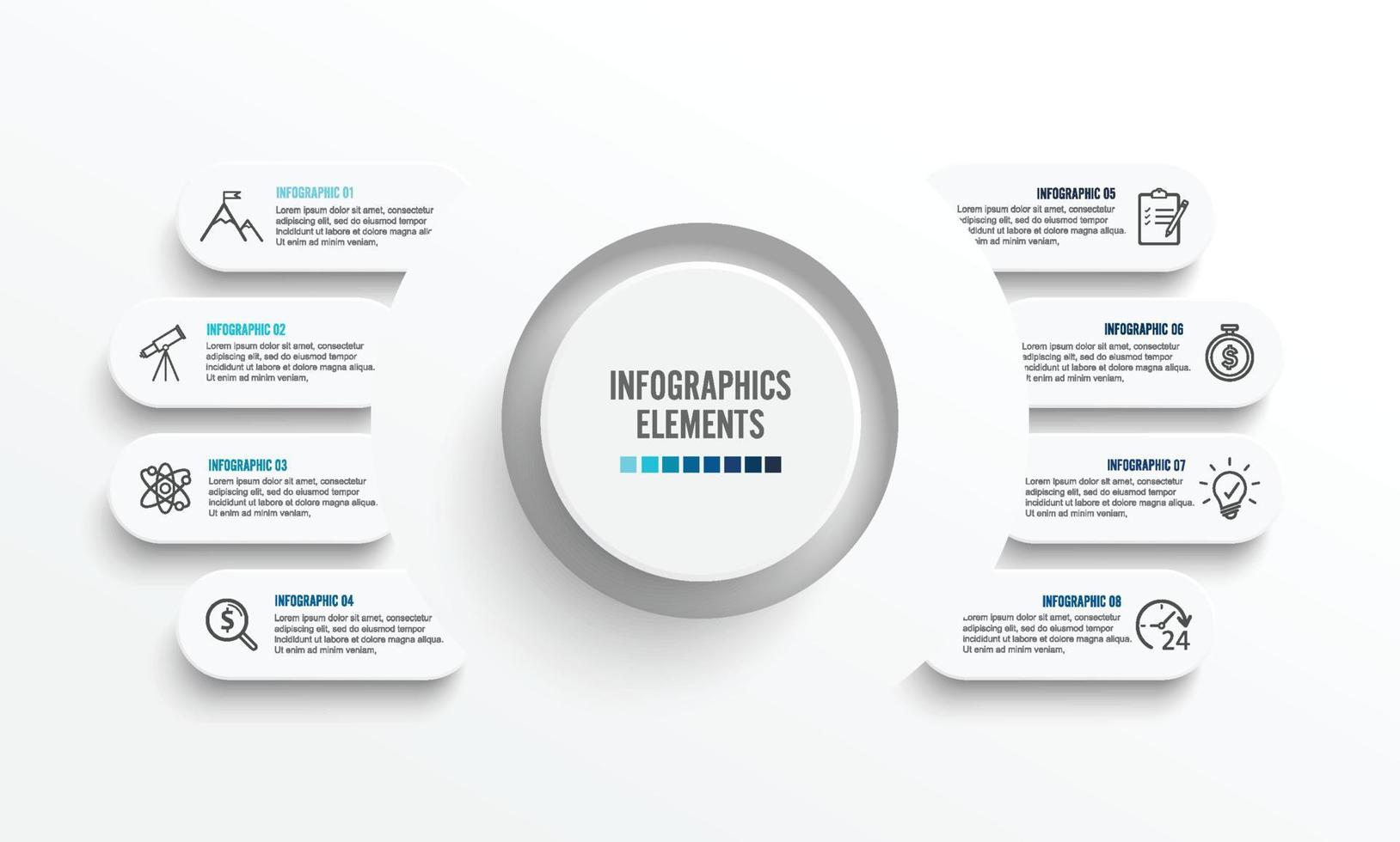 Vector infographic template with 3D paper label, integrated circles. Business concept with 8 options. For content, diagram, flowchart, steps, parts, timeline infographics, workflow, chart.