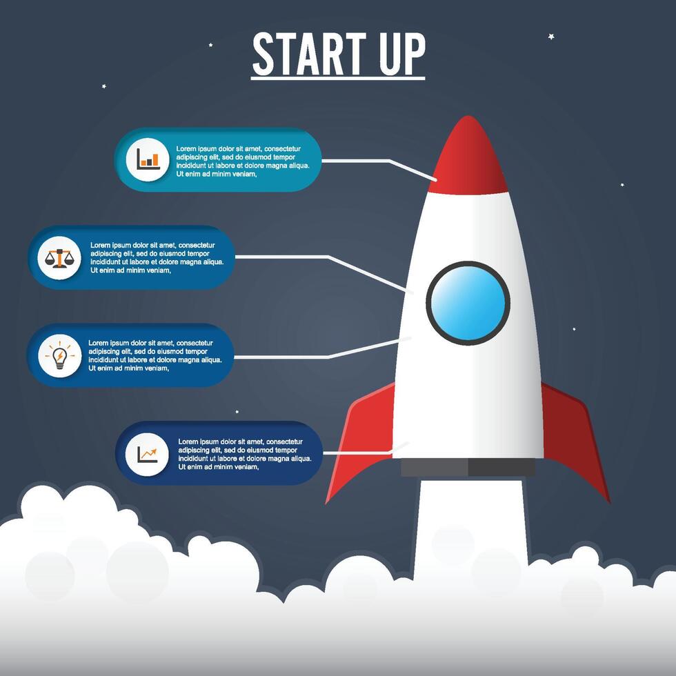 Flat illustration concept of business project startup infographic with idea rocket. Template for cycle diagram, graph, presentation and round chart. Data, options, part, steps or processes vector