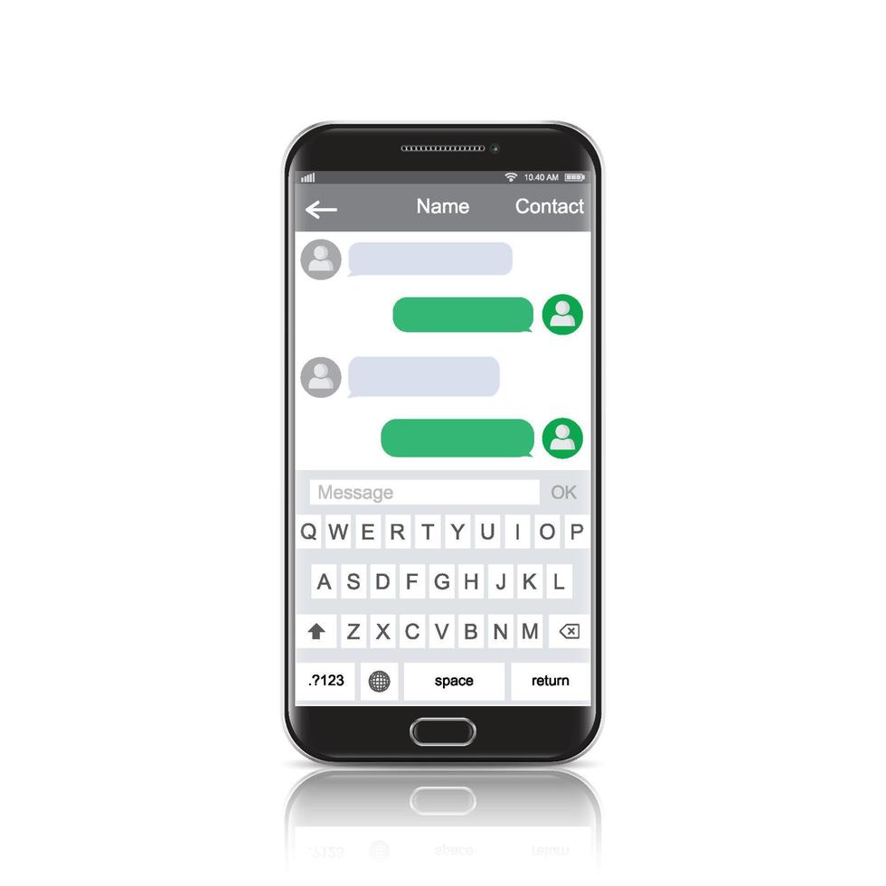 teléfono inteligente moderno con ventana de aplicación de mensajería. chatear y enviar mensajes. envío de mensajes sms. concepto de red social. cajas de chat teléfono móvil vectorial realista, teléfono móvil aislado en fondo blanco. vector