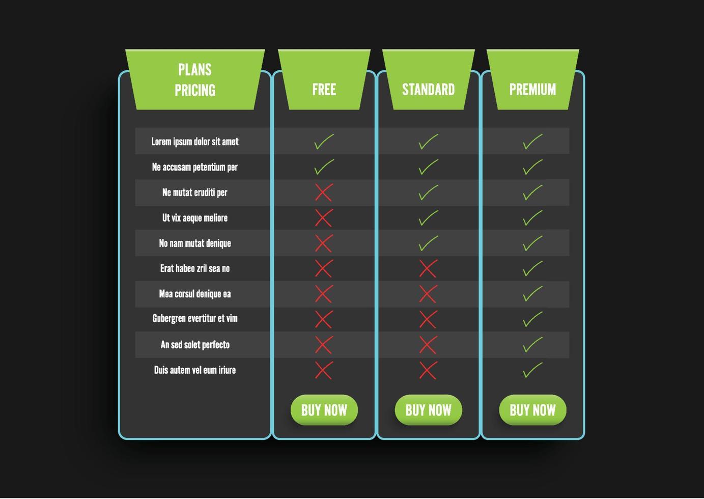 Dark modern pricing table with green recommended option. Comparison pricing list. Comparing price or product plan chart compare products business purchase discount hosting image grid. vector