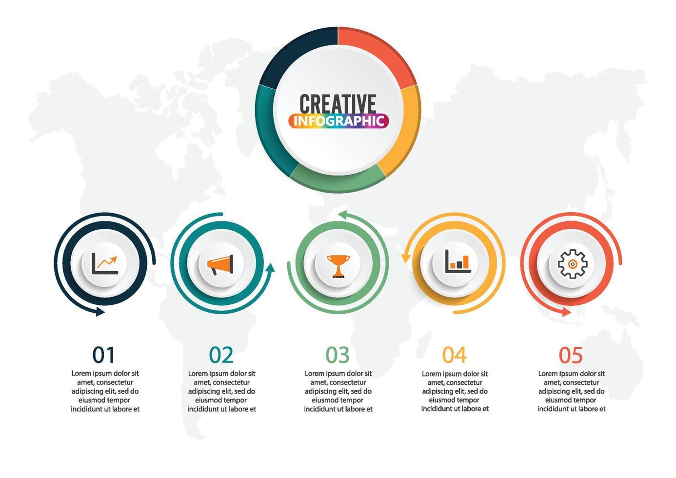 plantilla infográfica 3d abstracta con cinco pasos para el éxito. plantilla de círculo empresarial con opciones para folleto, diagrama, flujo de trabajo, línea de tiempo, diseño web. pasos vectoriales 10 vector