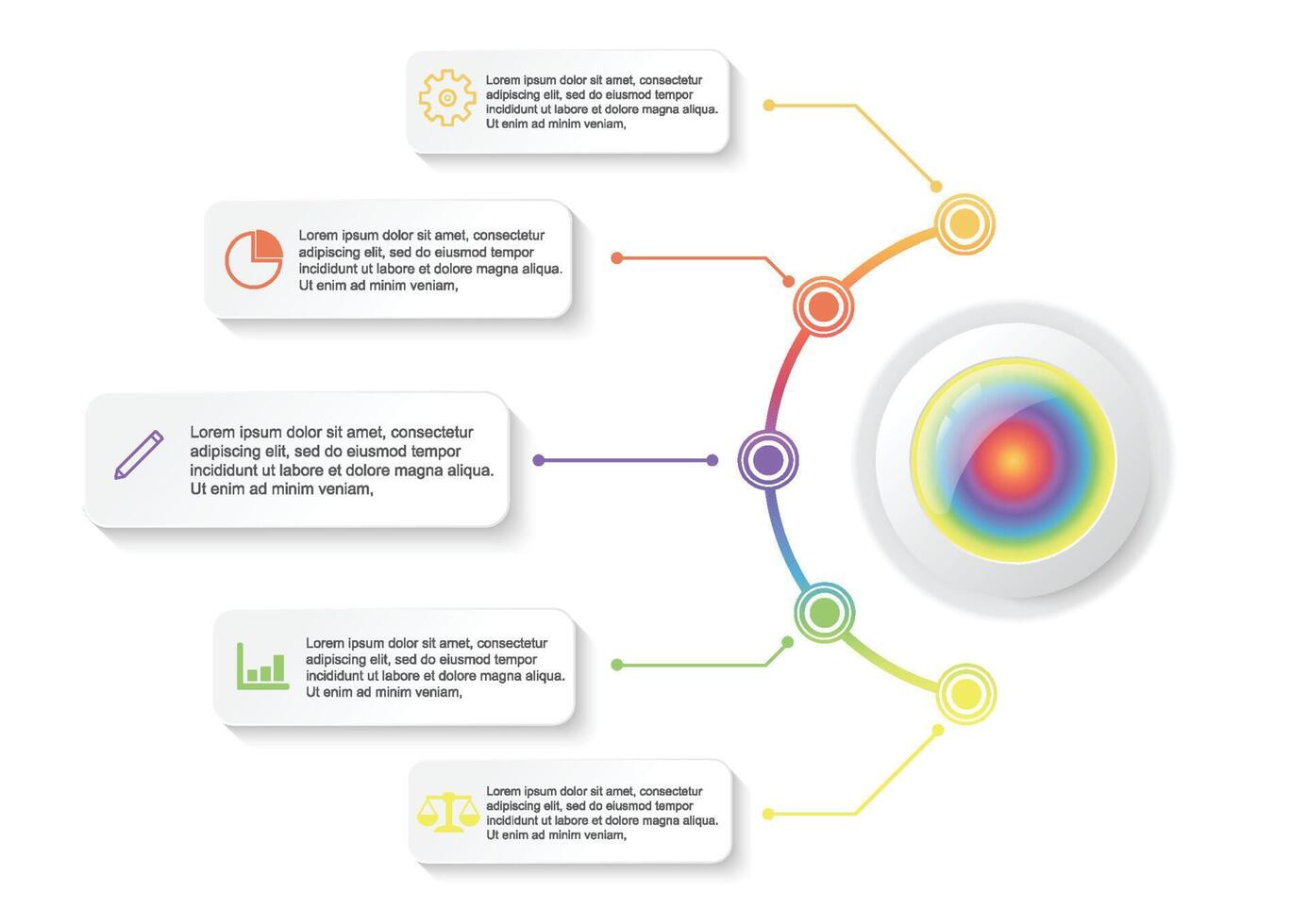 El vector de diseño de infografías de línea de tiempo y los iconos de marketing se pueden utilizar para el diseño de flujo de trabajo, diagrama, informe anual, diseño web. concepto de negocio con 5 opciones, pasos o procesos.