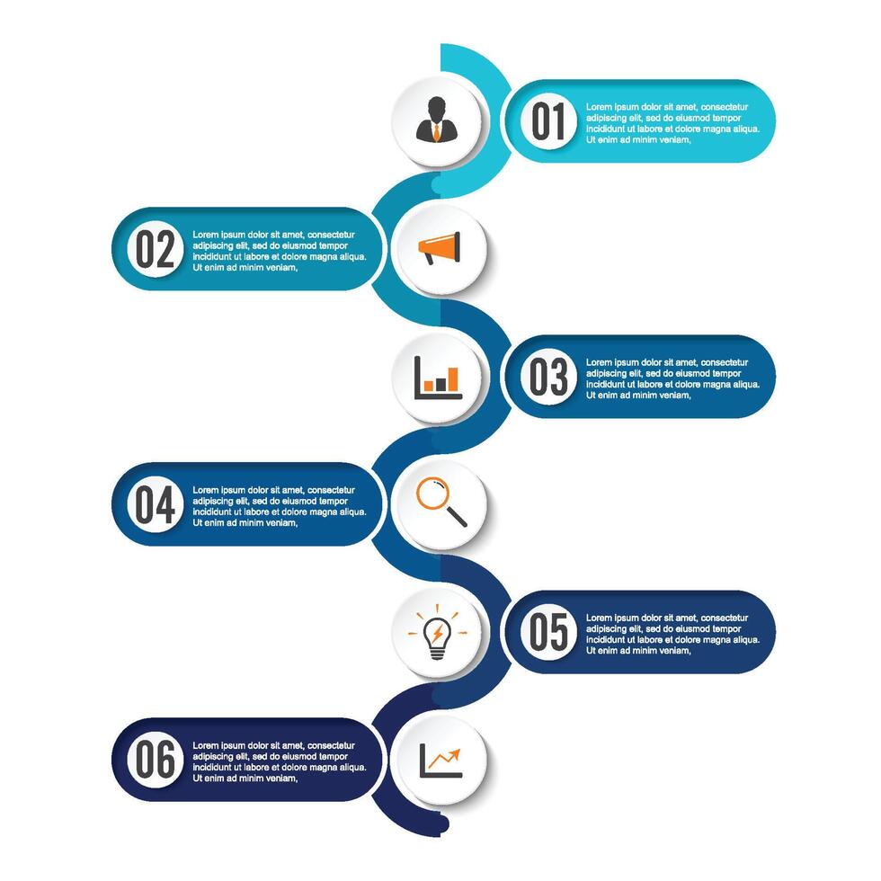 Template Timeline Infographic colored horizontal numbered for six position can be used for workflow, banner, diagram, web design, area chart vector