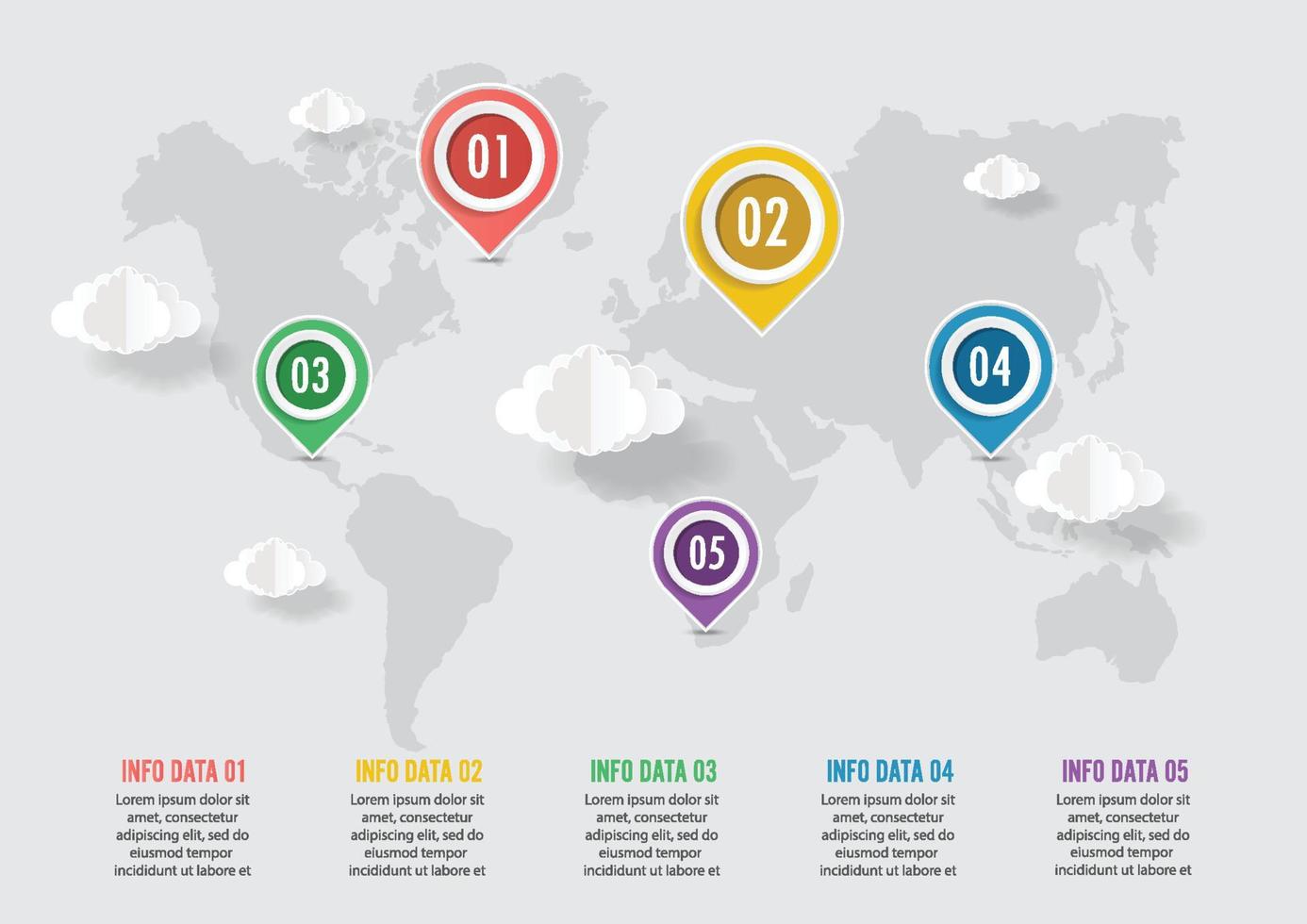 World map with abstract grunge circles and crystal pointers, infographic template vector