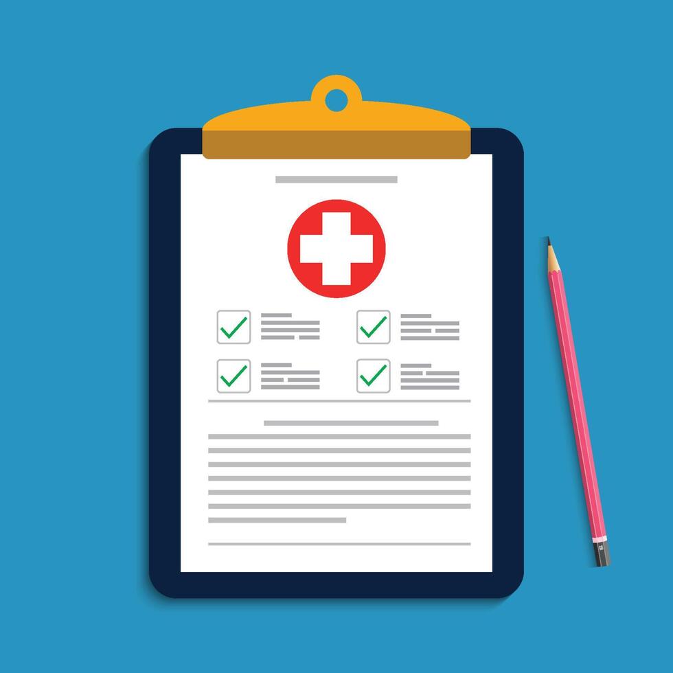 Clipboard with medical cross and pen. Clinical record, prescription, claim, medical check marks report, health insurance concepts. Premium quality. Modern flat design graphic elements. vector