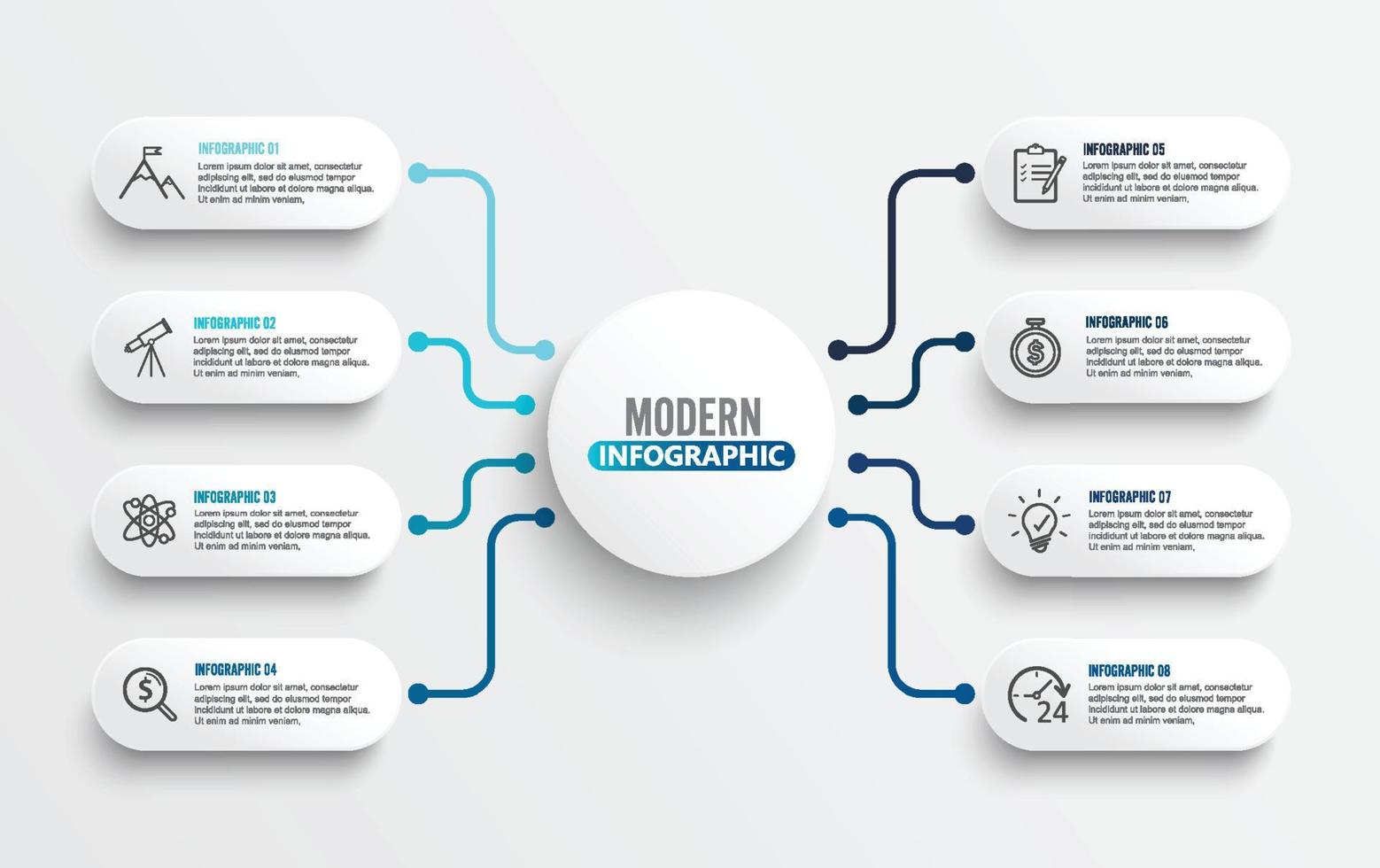 Vector infographic template with 3D paper label, integrated circles. Business concept with 8 options. For content, diagram, flowchart, steps, parts, timeline infographics, workflow, chart.