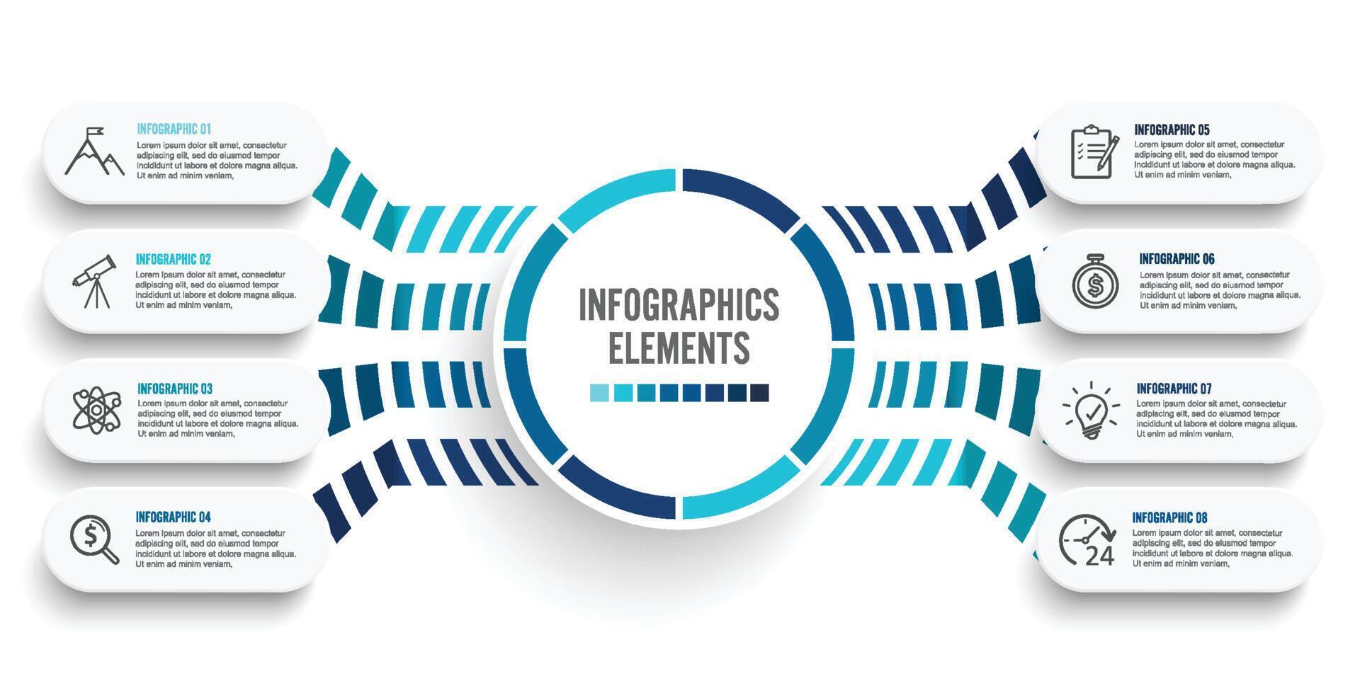 Vector infographic template with 3D paper label, integrated circles. Business concept with 8 options. For content, diagram, flowchart, steps, parts, timeline infographics, workflow, chart.