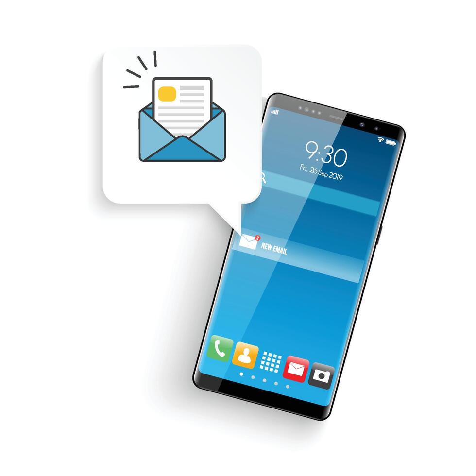 New realistic mobile smartphone modern style. Email notification concept. New email on the smartphone screen. Vector illustration.