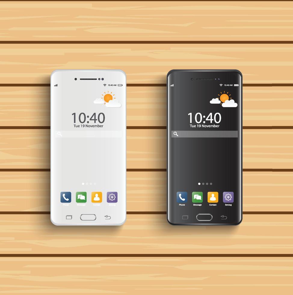 Smartphones black and white. New realistic mobile smartphone modern style. Vector smartphone with ui icons on wooden background.