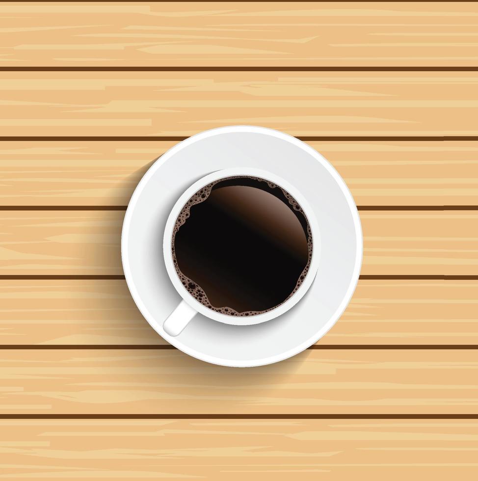 taza de café en la vista superior de la mesa de madera. vector