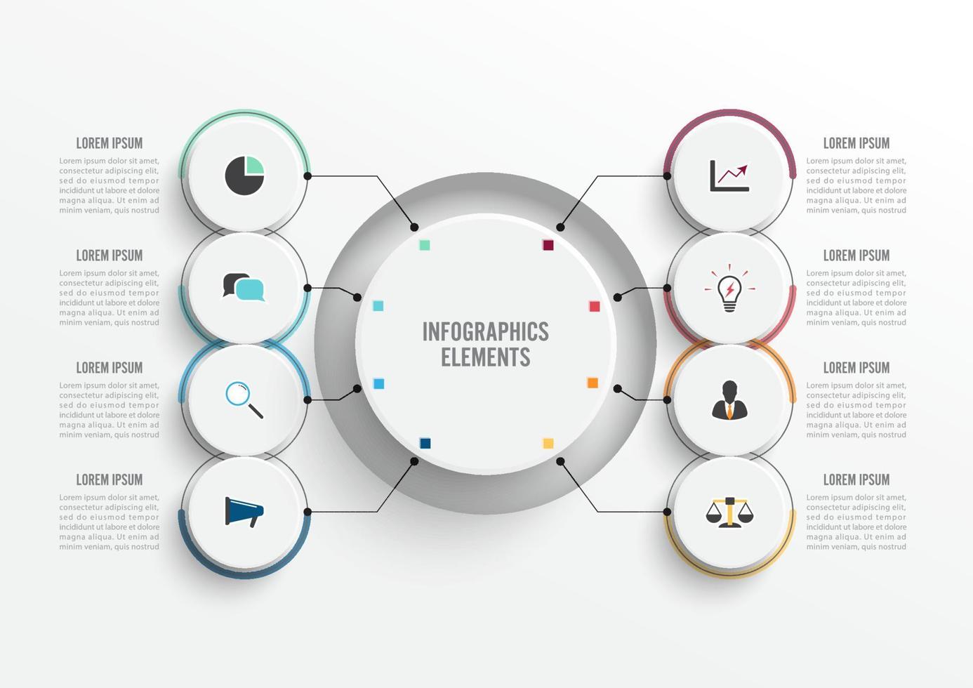 Vector infographic template with 3D paper label, integrated circles. Business concept with 8 options. For content, diagram, flowchart, steps, parts, timeline infographics, workflow, chart.