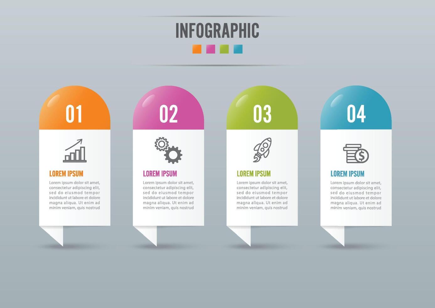 El vector de diseño de infografías y los iconos de marketing se pueden utilizar para el diseño de flujo de trabajo, diagrama, informe anual, diseño web. concepto de negocio con 4 opciones, pasos o procesos.