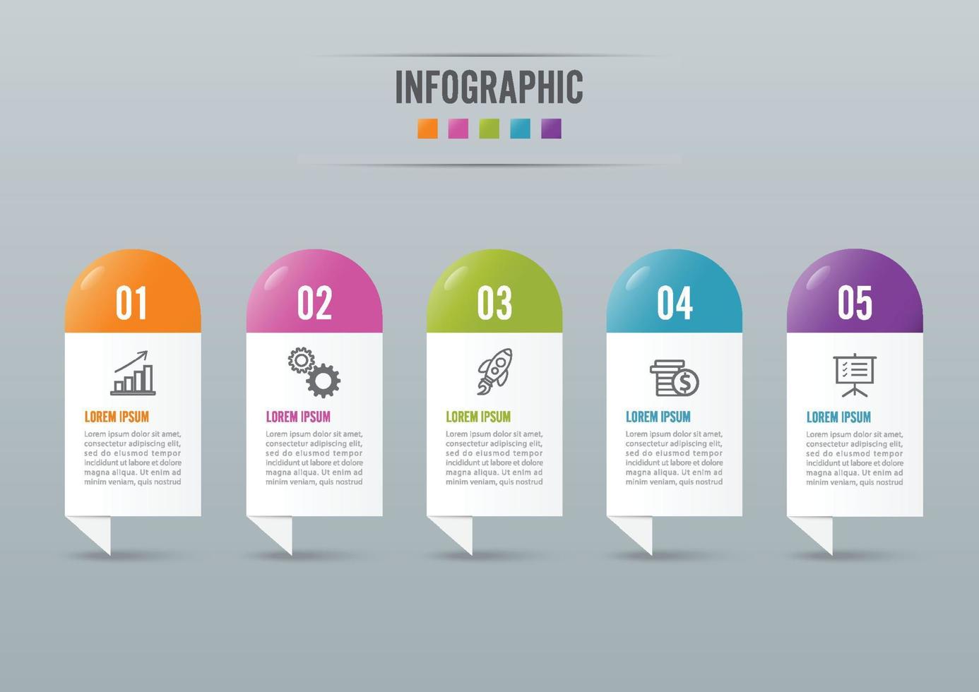 El vector de diseño de infografías y los iconos de marketing se pueden utilizar para el diseño de flujo de trabajo, diagrama, informe anual, diseño web. concepto de negocio con 5 opciones, pasos o procesos.