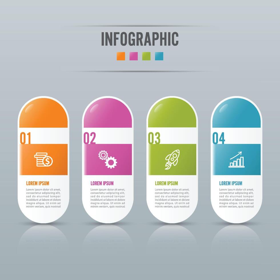 El vector de diseño de infografías y los iconos de marketing se pueden utilizar para el diseño de flujo de trabajo, diagrama, informe anual, diseño web. concepto de negocio con 4 opciones, pasos o procesos.