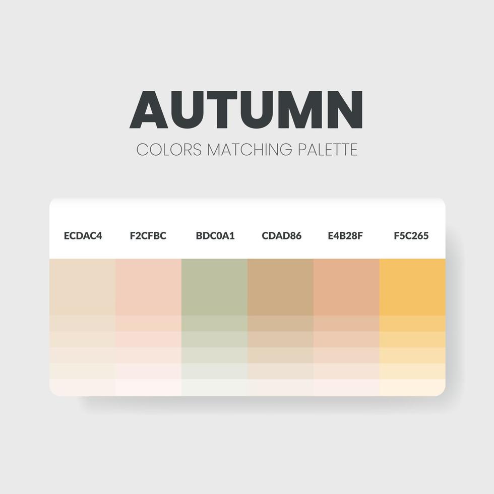 La paleta de colores otoñales o los esquemas de colores son combinaciones de tendencias y guías de paletas. ejemplo de tonos de colores de mesa en rgb y hexadecimal. una muestra de color para los amantes de la moda nupcial, el hogar y el diseño de interiores vector